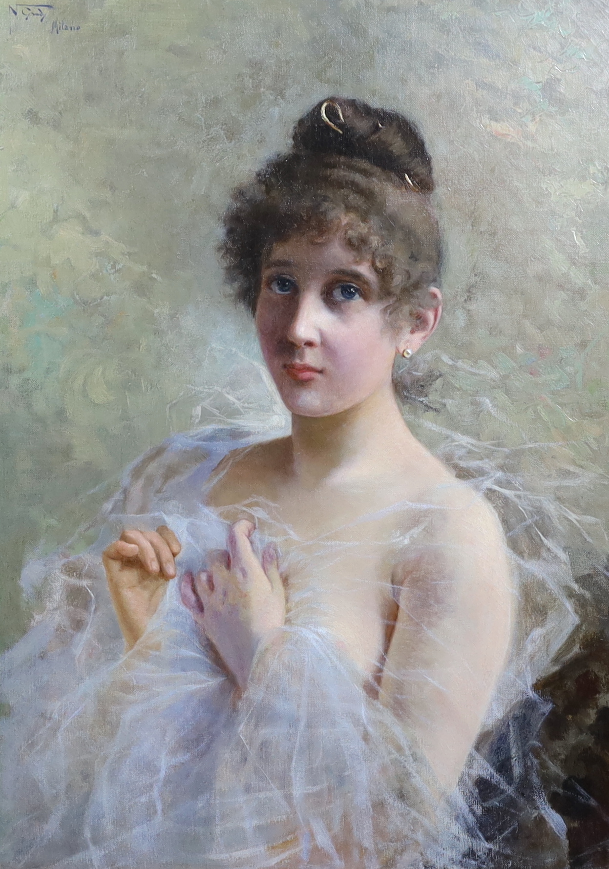 Luigi Napoleone Grady (Italian, 1860-1949), Beauty wearing a diaphanous gown, oil on canvas, 78 x 56cm